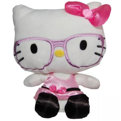 Jucarie din plus Hello Kitty cu ochelari si rochie roz, 23 cm