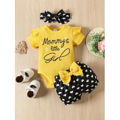 Costumas pentru fetite, body galben, pantaloni cu inimioare si bentita asortata mdtu96-r2