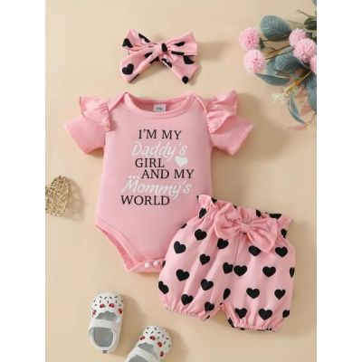 Costumas pentru fetite, body roz, pantaloni cu inimioare si bentita asortata mdtu110-r2