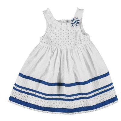 Rochie alba cu broderie englezeasca si insertii albastre (3928), 80 cm / 12 luni