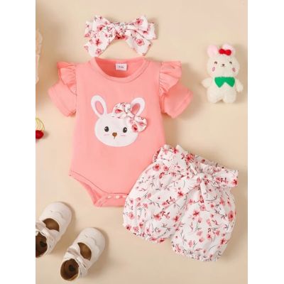Set adorabil pentru fetite - body, pantalonasi scurti si bentita asortata mbtu95-r2