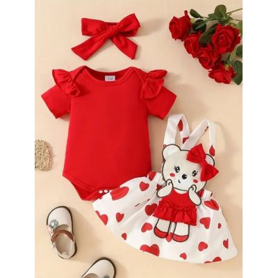Set body rosu si sarafan cu ursulet si inimioare mbtu84-de
