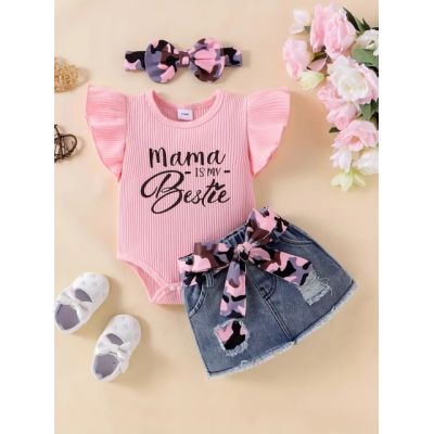 Set body roz cu inscriptie si fustita denim pentru fetite mdtu99-r2