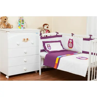 Lenjerie 3 piese pentru patut 60x120 "Bufnite brodate mov" KDE2NB200BB