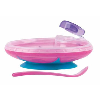 Bol, Nuby, Cu ventuza, rezervor si lingura, Pentru a mentine alimentele calde, Sigur pentru masina de spalat vase si microunde, 400 ml, 3 luni+, Pink BYNID5342PINK