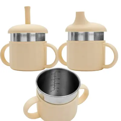 Canuta, New Baby, Cu manere si gura de scurgere care poate fi folosita de sine statatoare sau cu pai, 50% silicon, 50% otel inoxidabil, Fara BPA, 0 luni+, Beige BYN56990