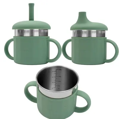 Canuta, New Baby, Cu manere si gura de scurgere care poate fi folosita de sine statatoare sau cu pai, 50% silicon, 50% otel inoxidabil, Fara BPA, 0 luni+, Green BYN56991