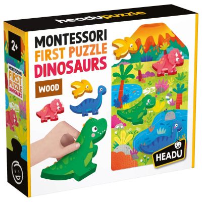 Headu - Montessori primul meu puzzle cu Dinozauri ce include 4 forme din lemn ARTHE59025