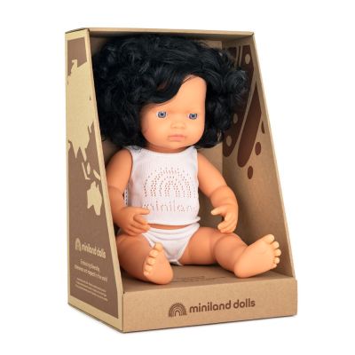 Papusa educativa 38 cm fetita caucaziana cu par negru si ondulat - okeml31262