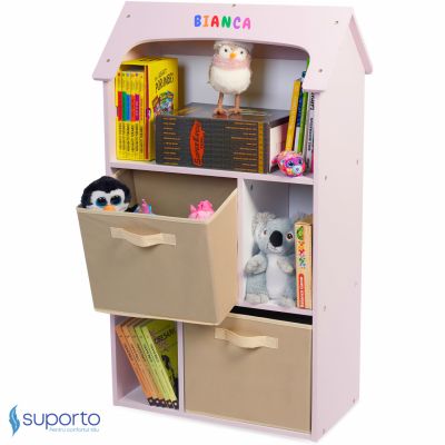 Biblioteca copii, Suporto, Organizator cu raft pentru carti, Cutii depozitare jucarii, rechizite si papusi, Mobilier din Lemn MDF, Dulap tip casuta SPTBIB2ROZ