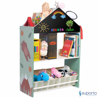 Biblioteca copii Suporto Verde, Organizator cu raft pentru carti, Cutii depozitare jucarii, Tabla de desen, Mobilier din Lemn MDF, Dulap tip casuta SPTBIB1VE