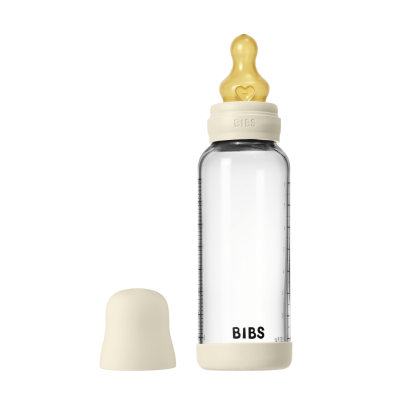 Bibs - set complet biberon din sticla anticolici cu tetina din latex, flux mediu, 240 ml, ivory bbb5020216