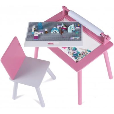 Birou pentru copii Roz cu tabla compatibila cu piese LEGO, din MDF, cu Scaunel, Rola de desen, Spatiu de depozitare, Blat reversibil SPTBMRLEGO