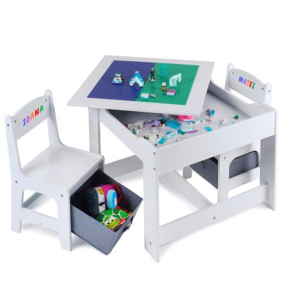 Masa cu scaune pentru copii Suporto si tabla compatibila cu piese LEGO, din MDF, Sertare Depozitare, Organizator Jucarii, Tabla de Scris, Desenat, SPTSETM2SLEGO