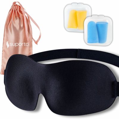 Masca de dormit Suporto 3D cu saculet Roz Peach, masca de somn premium, reglabila, blochează lumina în totalitate, cu 2 seturi de dopuri de urechi SPTMASC1PCH