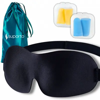 Masca de dormit Suporto 3D cu saculet Verde Smarald, masca de somn premium, reglabila, blochează lumina &icirc;n totalitate, cu 2 seturi de dopuri de SPTMASC1BLUE