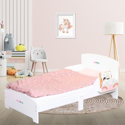 Pat Copii Suporto cu Protectie Laterala si Raft Depozitare Carti si Jucarii, Model Curcubeu, Patut pentru Fetite Varsta de 3 - 8 Ani, Mobilier din SPTPAT03ROZ