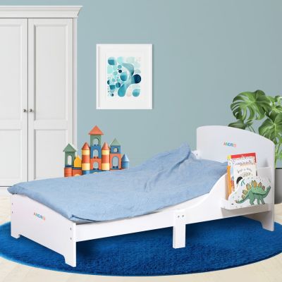 Pat Copii Suporto cu Protectie Laterala si Raft Depozitare Carti si Jucarii, Model Dinozaur, Patut pentru Baieti si Fetite Varsta de 3 - 8 Ani, SPTPAT02VE