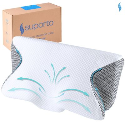 Perna Ortopedica Cervicala pentru dormit, cu Extensii si Suport ergonomic pentru gat, din spuma cu memorie, Suporto, Alb cu Negru SPTPDBABLACK