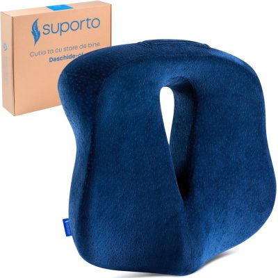 Perna Ortopedica de Sezut Navy Blue pentru scaun de birou sau masina, din spuma cu memorie, cu suport pentru Coccis, Suporto, Albastra SPTPSE5BLUE