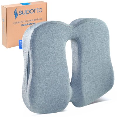Perna Ortopedica de Sezut Slim pentru scaun de birou sau masina, din spuma cu memorie, cu suport pentru Coccis, Suporto, Gri SPTPSE6GRI