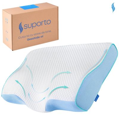Perna de dormit anatomica si ortopedica cu suport cervical, Din spuma cu memorie, Suporto, Albastra SPTPDCABLUE