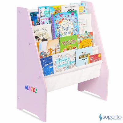 Raft de Carti pentru Copii Suporto, Organizator cu etajere din textil, pentru depozitare jucarii, carti si caiete. Mobilier din Lemn MDF, 71.5 x 62 x SPTRAFT1ROZ