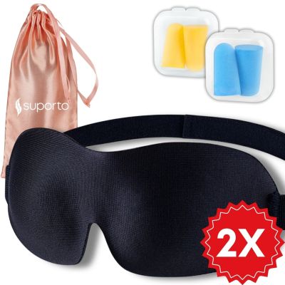 Set 2x Masti de dormit Suporto, design 3D fara presiune pe ochi, reglabile, cu huse Roz perlat, blocheaza lumina in totalitate, si 4 seturi de dopuri SPTSET2MASC1PCH