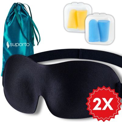 Set 2x Masti de dormit Suporto, design 3D fara presiune pe ochi, reglabile, cu huse Verde smarald, blocheaza lumina in totalitate, si 4 seturi de SPTSET2MASC1BLUE