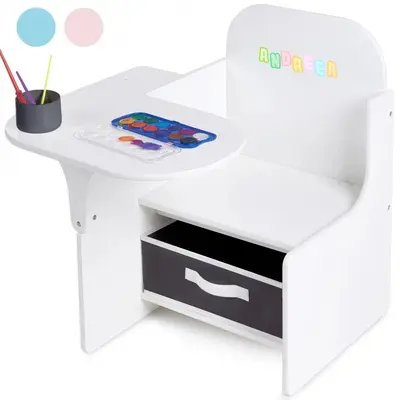 Set Masuta Cu Scaun Incorporat pentru Copii, 3 In 1 din Lemn Mdf, Varsta 3-6 ani Alb si Gri SPTMLCSDW00