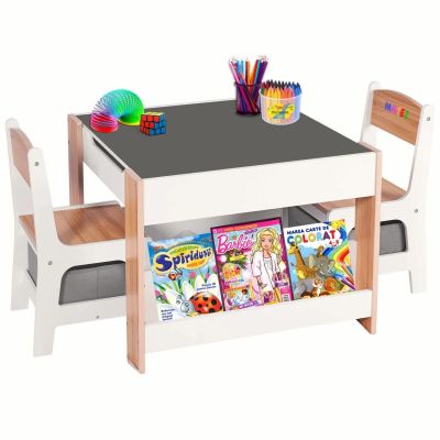 Set Masuta cu 2 Scaune pentru copii, cu Rafturi pentru Carti, Suporto, din MDF, Sertare Depozitare, Organizator Jucarii, Tabla de Scris, Desenat, SPTSETM2SCARTI