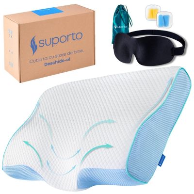 Set Perna Cervicala Anatomica si Ortopedica Albastra + Masca de dormit Suporto 3D cu saculet Verde Smarald, pachet pentru ochi obositi si un somn SPTPDCBLUE-MVE