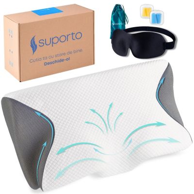 Set Perna Ortopedica Cervicala pentru dormit cu Extensii Gri + Masca de dormit Suporto 3D cu saculet Verde Smarald, Ideale pentru ochi obositi si un SPTPDBA-MVE