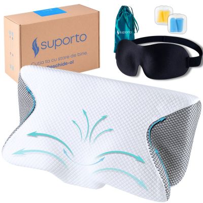 Set Perna Ortopedica Cervicala pentru dormit cu Extensii Negre + Masca de dormit Suporto 3D cu saculet Verde Smarald, pachet pentru ochi obositi si SPTPDBLACK-MVE