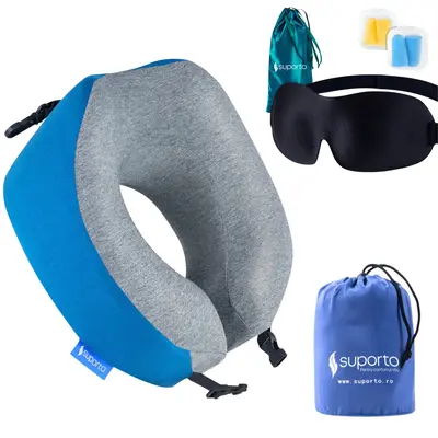Set Perna de calatorie Suporto Travel Companion. Perna voiaj din spuma cu memorie, Albastra + Masca de dormit Suporto 3D cu saculet Verde Smarald, SPTPCA4BLUE-MVE