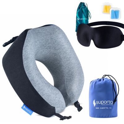 Set Perna de calatorie Suporto Travel Companion. Perna voiaj din spuma cu memorie, Neagra + Masca de dormit Suporto 3D cu saculet Verde Smarald, SPTPCA4NE-MVE