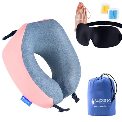 Set Perna de calatorie Suporto Travel Companion. Perna voiaj din spuma cu memorie, Roz + Masca de dormit Suporto 3D cu saculet Roz Peach, Pachet SPTPCA4ROZ-MPCH