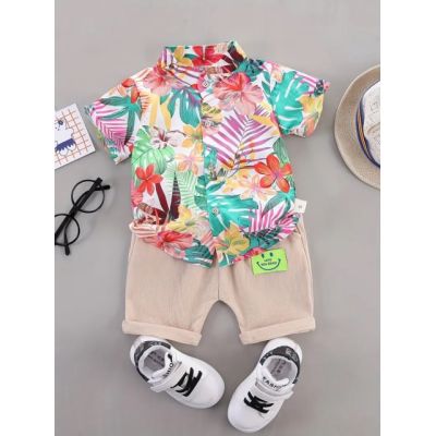 Set tropical de vara pentru baieti – camasa colorata si pantaloni bej mdtu135-r2