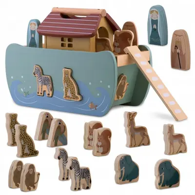 Jucarie educativa arca lui noe din lemn cu animalute, 17.5 x 13.5 x 20 cm, nukido nk-862 edeedi786200