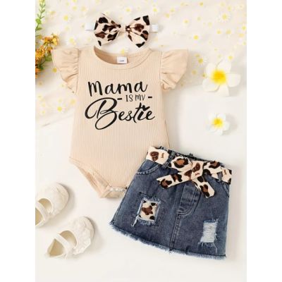 Set body crem cu inscriptie si fustita denim pentru fetite mbtu123-r2