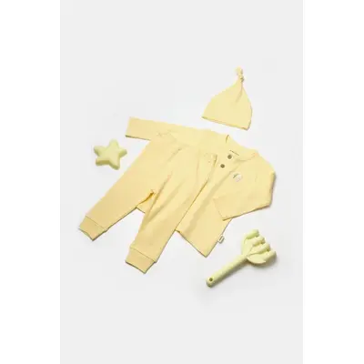 Set 3 piese:bluza, pantaloni si caciulita Bamboo, galben, BabyCosy, 50% bumbac+50%bambus (Marime: 12-18 Luni) JEMBC-CSYB9002-12