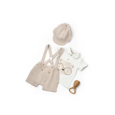 Set tricou, salopeta si sapca TeddyBear, 100% bumbac organic, BabyCosy (Marime: 3-6 Luni) JEMBC-CSYM7102-3