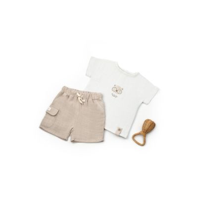 Set tricou ecru cu pantaloni scurti TeddyBear, 100% bumbac organic, BabyCosy (Marime: 6-9 luni) JEMBC-CSYM7104-6