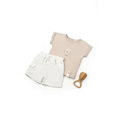 Set tricou maro cu pantaloni scurti TeddyBear, 100% bumbac organic, BabyCosy (Marime: 12-18 Luni) JEMBC-CSYM7103-12