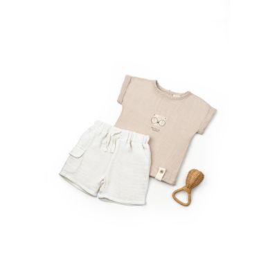 Set tricou maro cu pantaloni scurti TeddyBear, 100% bumbac organic, BabyCosy (Marime: 6-9 luni) JEMBC-CSYM7103-6