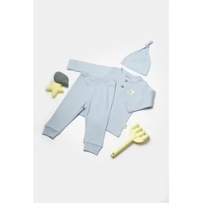 Set 3 piese:bluza, pantaloni si caciulita Bamboo, bleu, BabyCosy, 50% bumbac+50%bambus (Marime: 3-6 Luni) JEMBC-CSYB9004-3