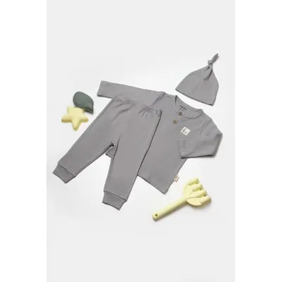 Set 3 piese:bluza, pantaloni si caciulita Bamboo, gri, BabyCosy, 50% bumbac+50%bambus (Marime: 12-18 Luni) JEMBC-CSYB9005-12