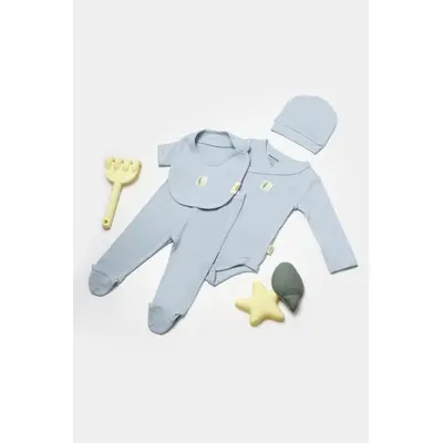 Set 4 piese:body, pantaloni, baveta si caciulita Bamboo, bleu, BabyCosy, 50% bumbac+50%bambus (Marime: 3-6 Luni) JEMBC-CSYB9010-3