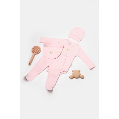 Set 4 piese:body, pantaloni, baveta si caciulita Bamboo, roz, BabyCosy, 50% bumbac+50%bambus (Marime: 6-9 luni) JEMBC-CSYB9007-6