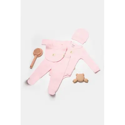 Set 4 piese:body, pantaloni, baveta si caciulita Bamboo, roz, BabyCosy, 50% bumbac+50%bambus (Marime: 6-9 luni) JEMBC-CSYB9007-6